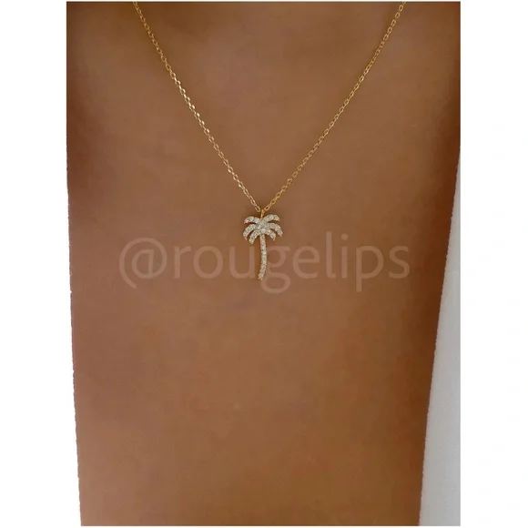 Encrusted Palm Tree Charm on a Yellow Gold Tone Chain Necklace Pendant - Picture 4 of 10